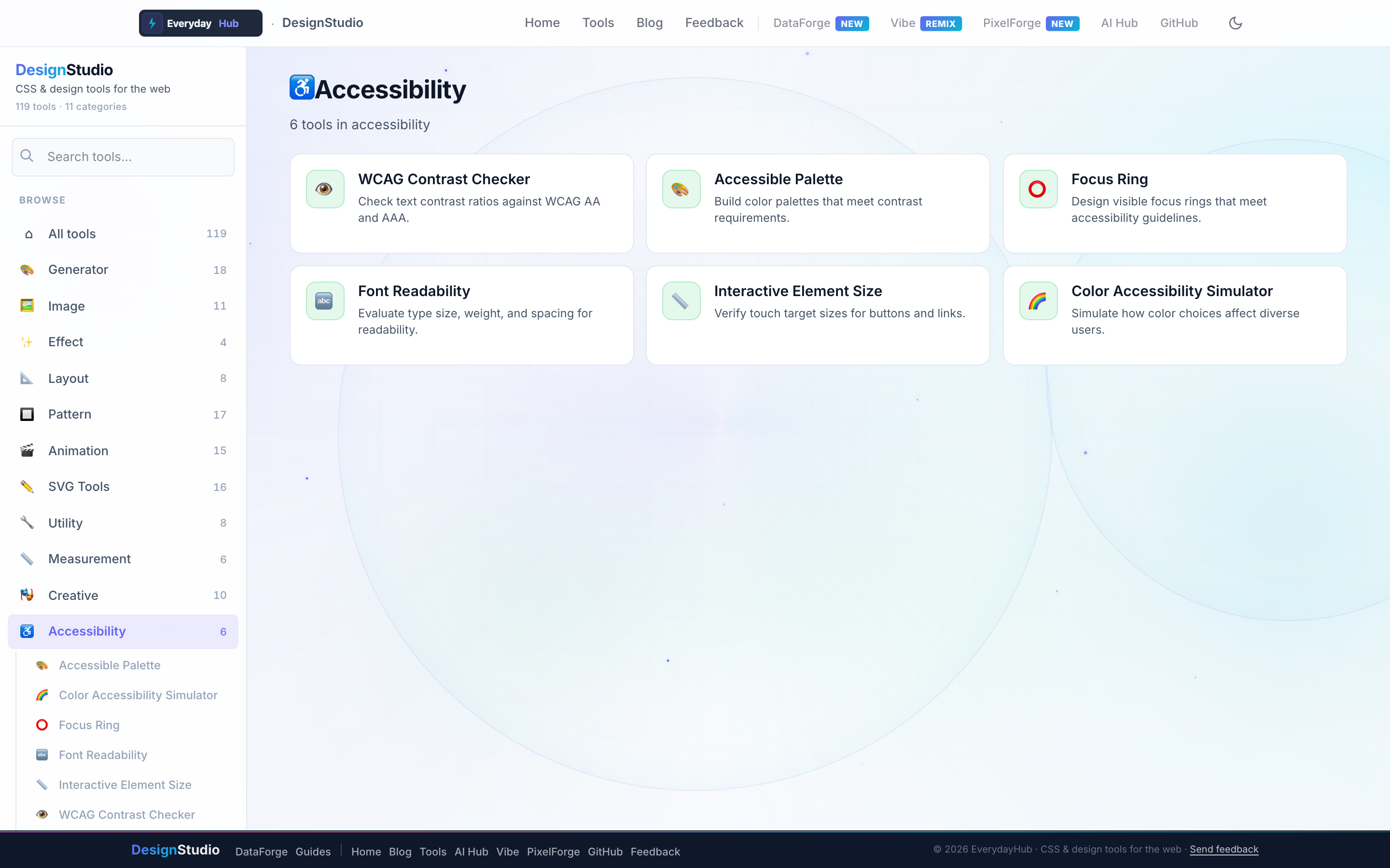 DesignStudio Accessibility — live dashboard with category tools and sidebar navigation