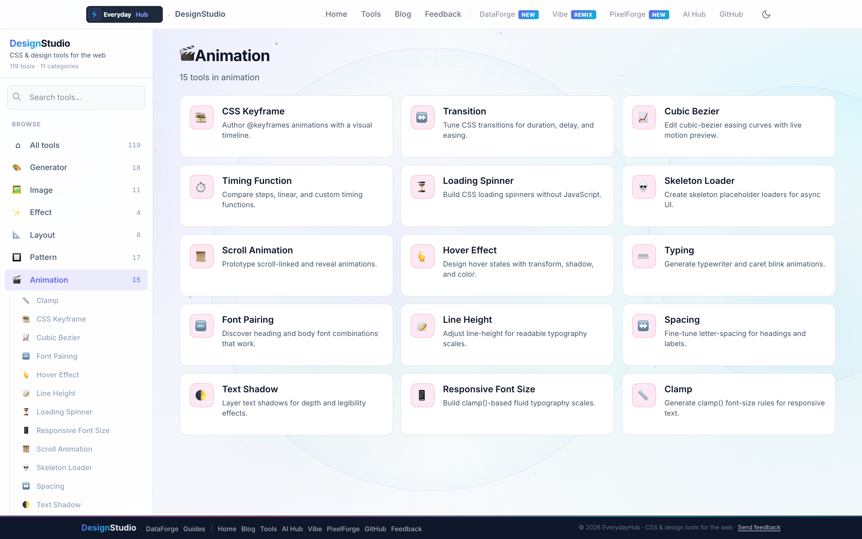 DesignStudio Animation — live dashboard with category tools and sidebar navigation