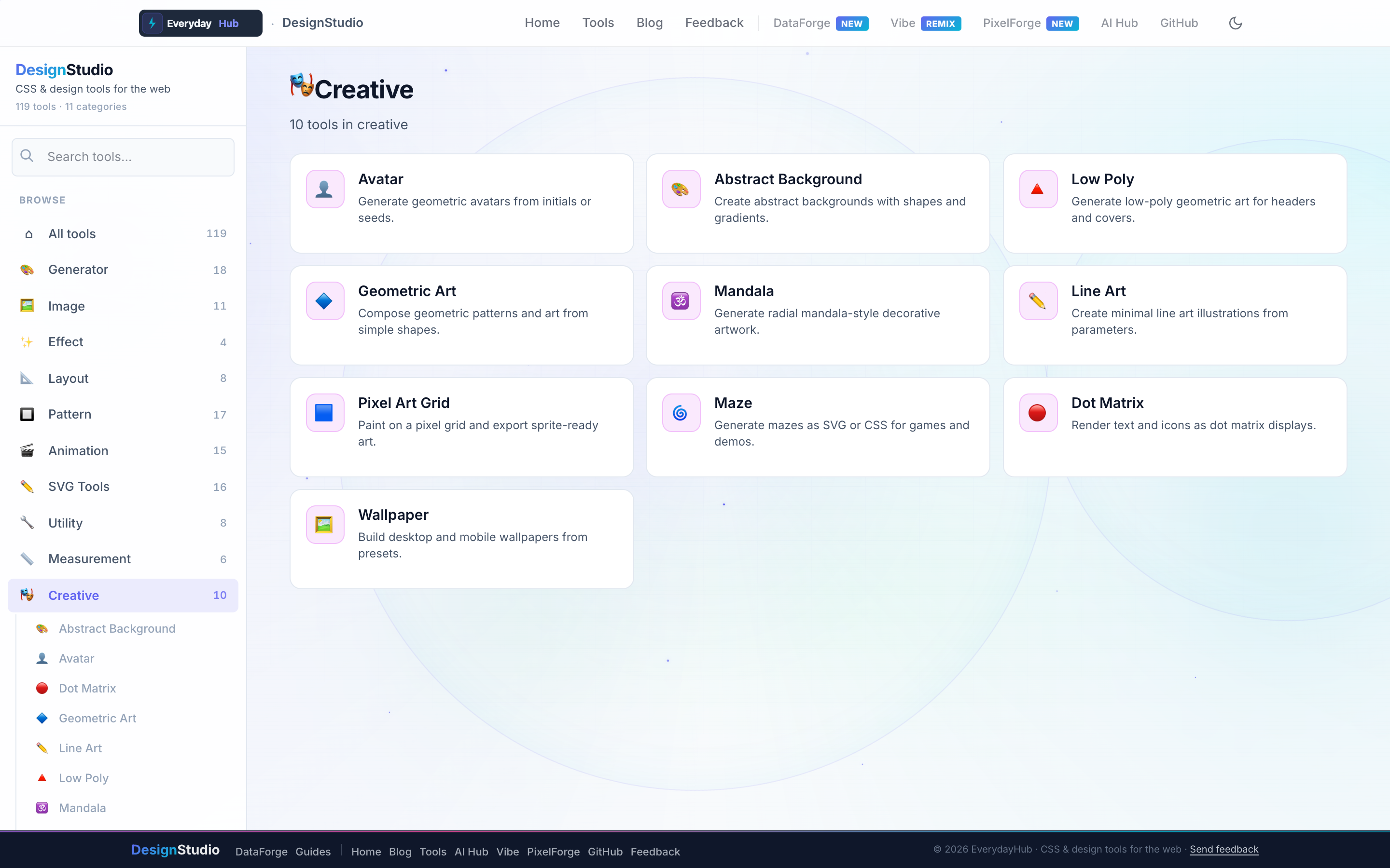 DesignStudio Creative — live dashboard with category tools and sidebar navigation