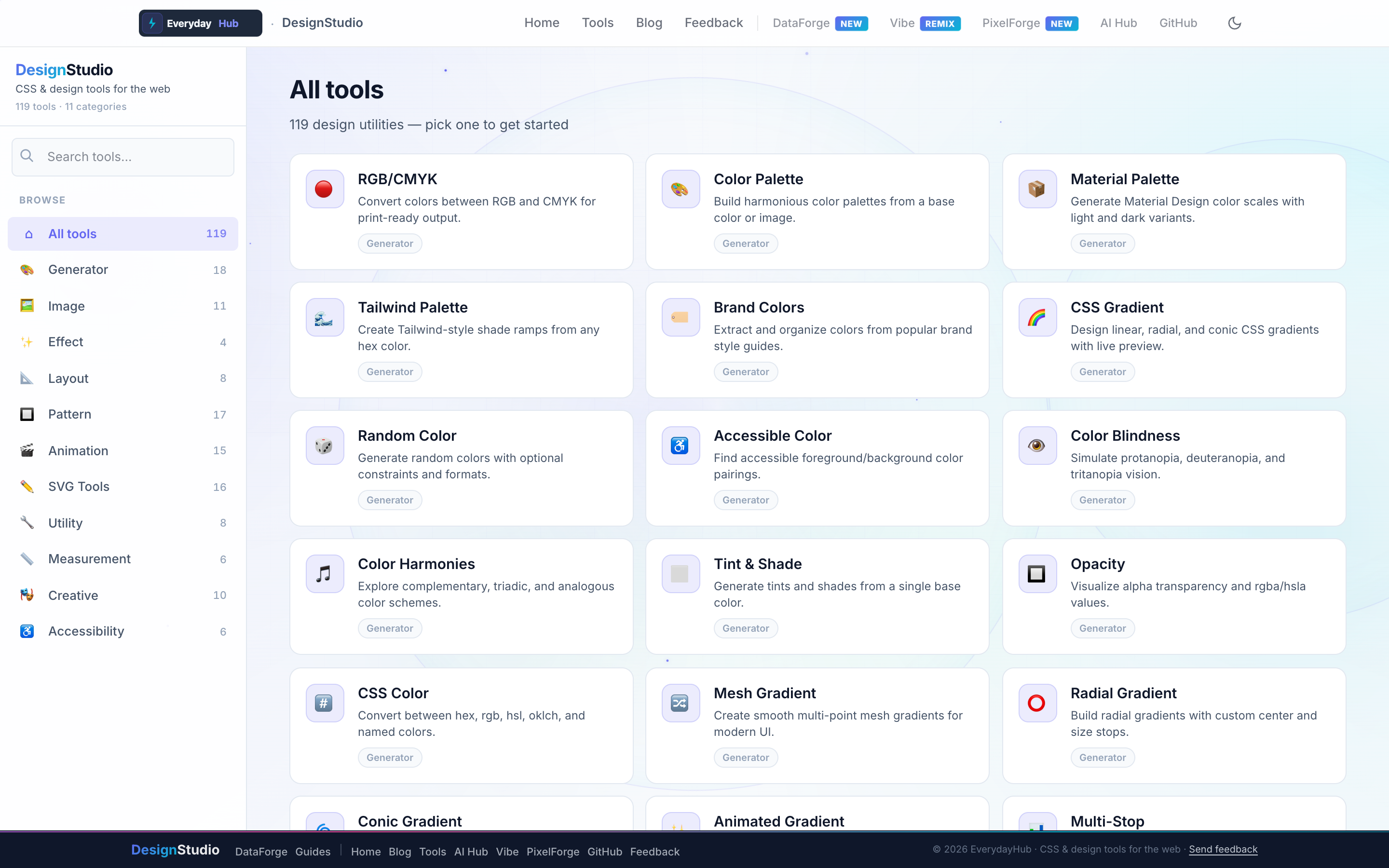 DesignStudio DesignStudio — live dashboard with category tools and sidebar navigation