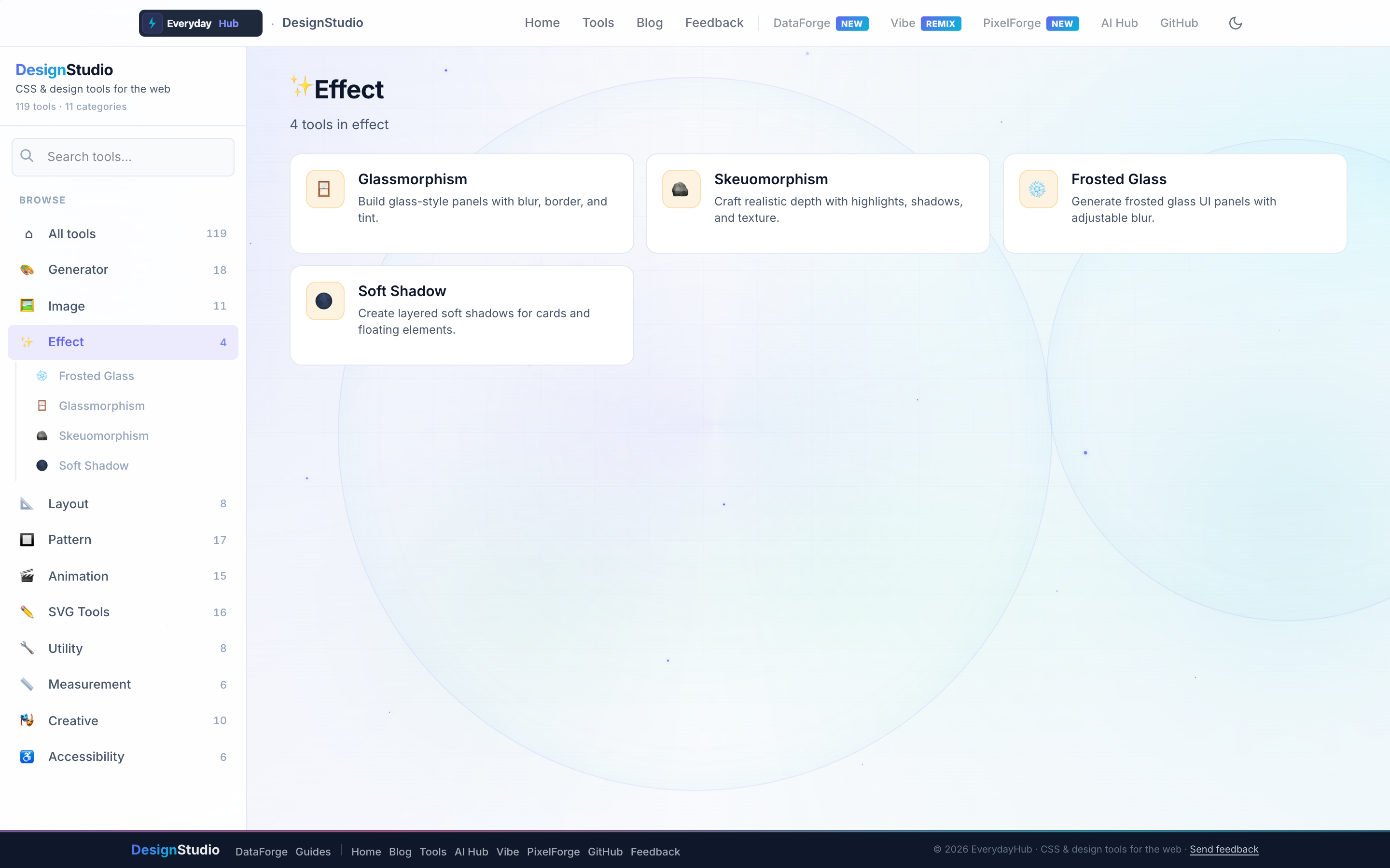 DesignStudio Effects — live dashboard with category tools and sidebar navigation