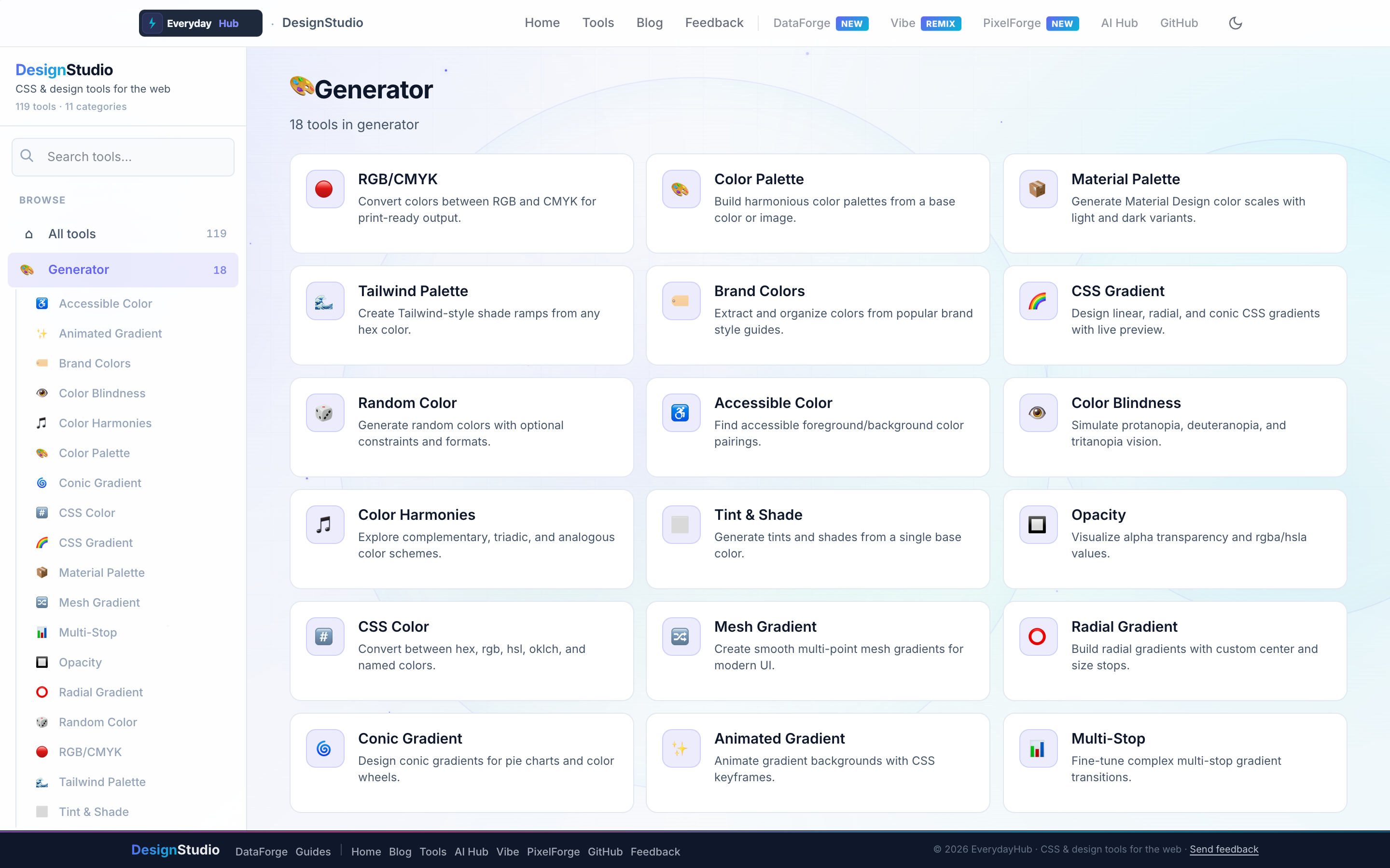 DesignStudio Generators — live dashboard with category tools and sidebar navigation