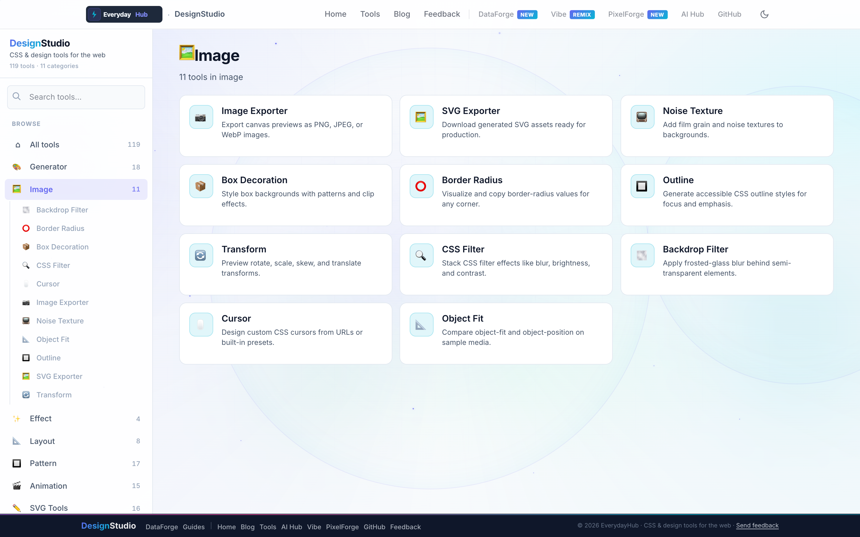 DesignStudio Image — live dashboard with category tools and sidebar navigation