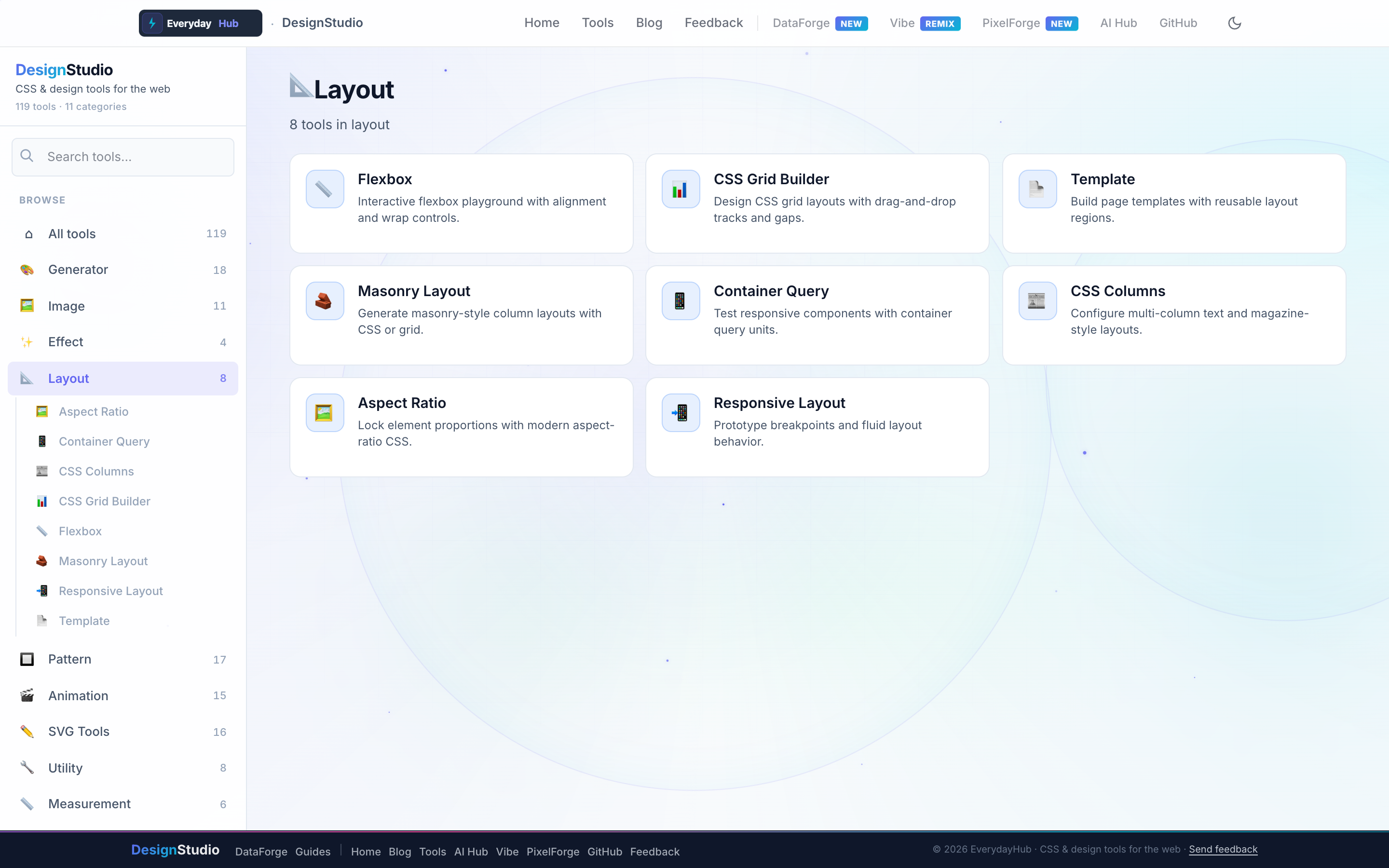 DesignStudio Layout — live dashboard with category tools and sidebar navigation