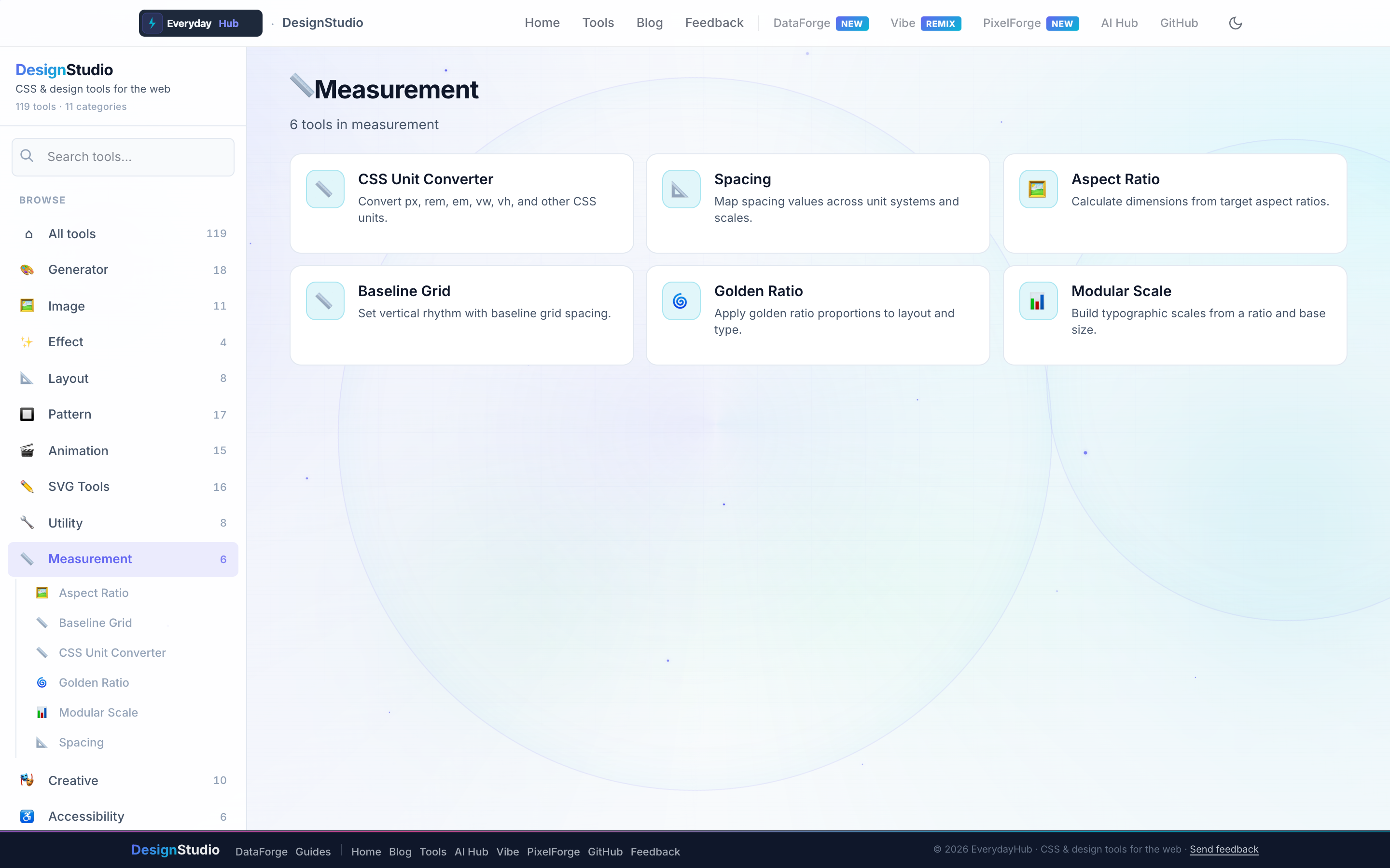DesignStudio Measurement — live dashboard with category tools and sidebar navigation