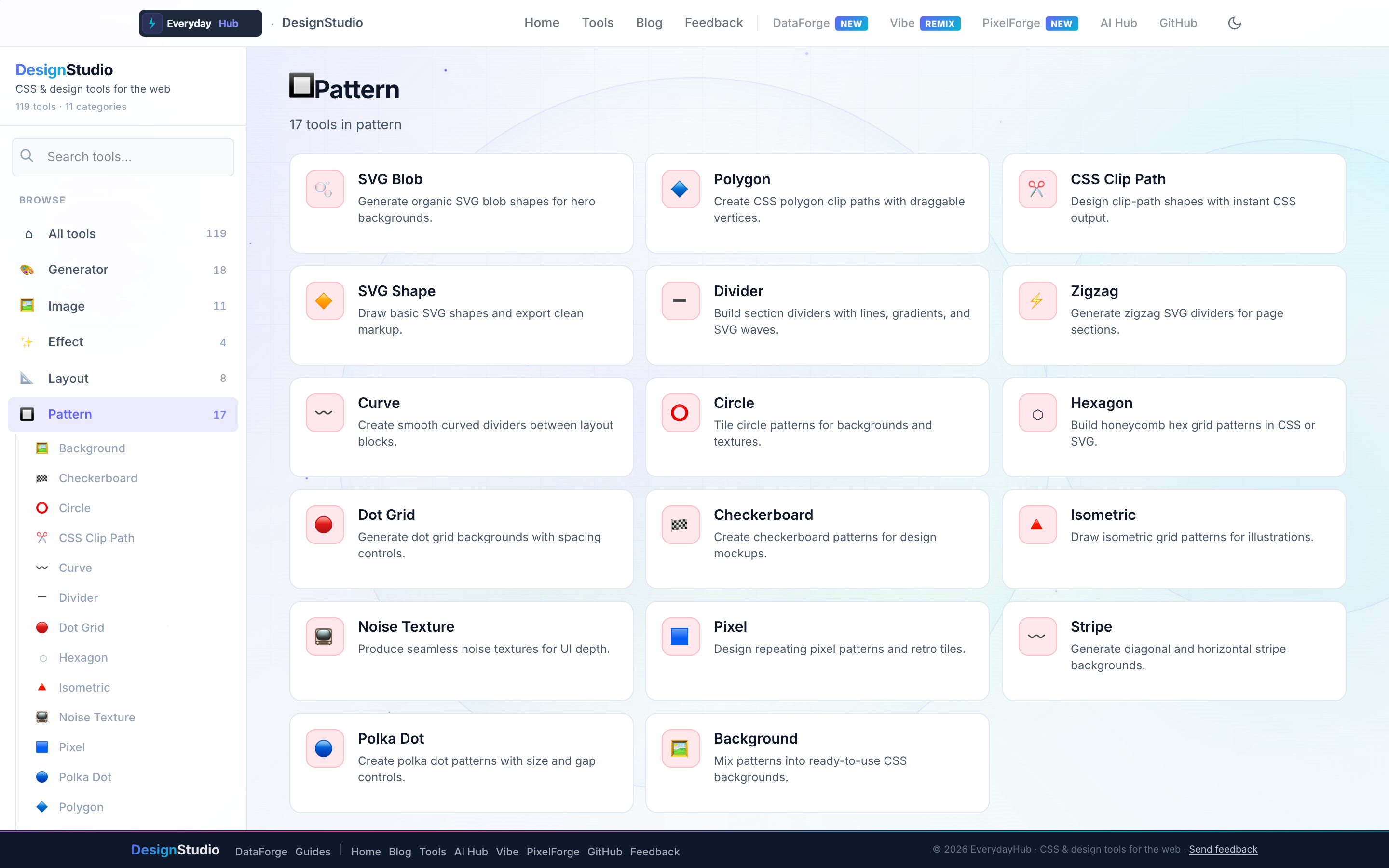 DesignStudio Patterns — live dashboard with category tools and sidebar navigation