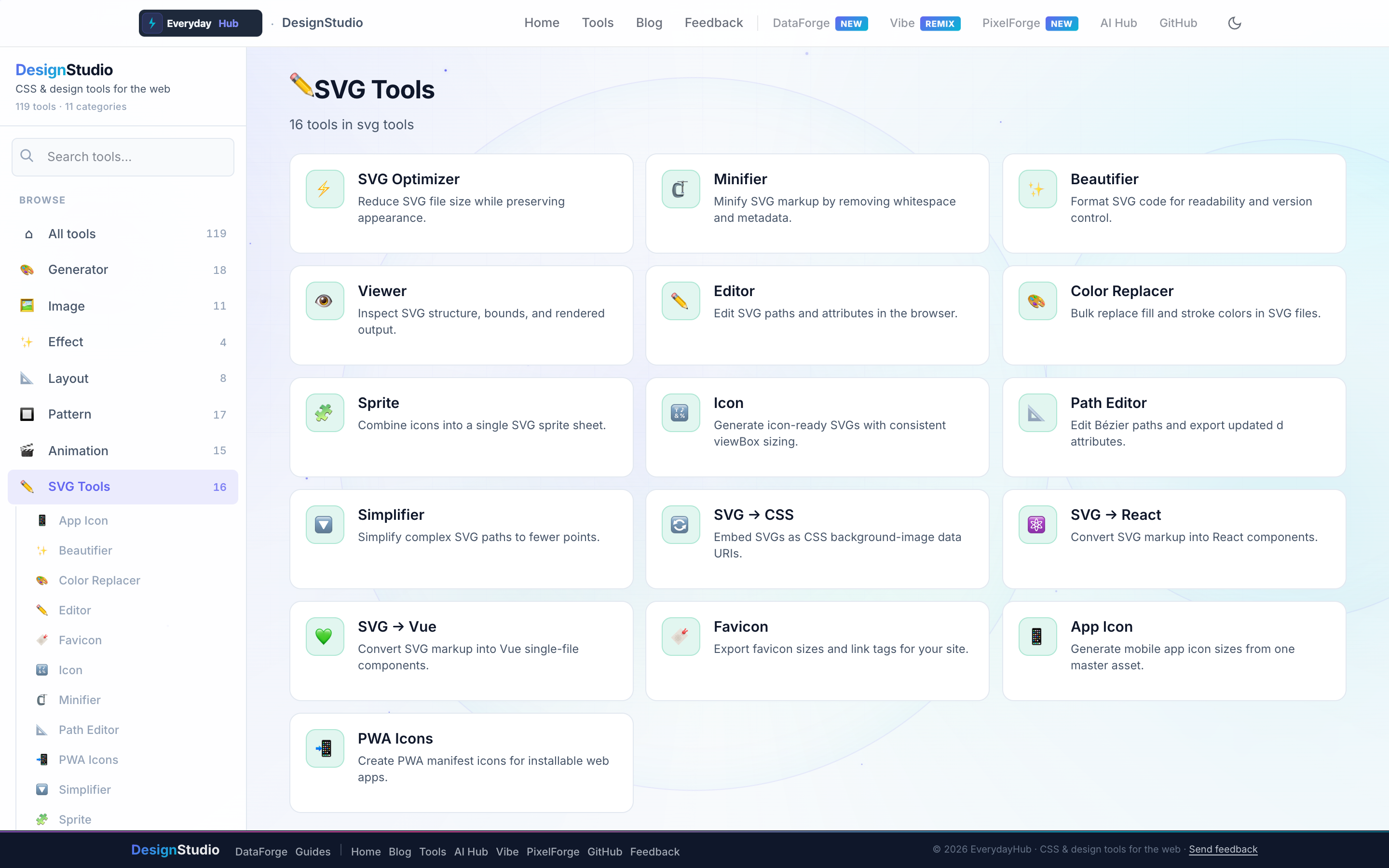 DesignStudio SVG Tools — live dashboard with category tools and sidebar navigation