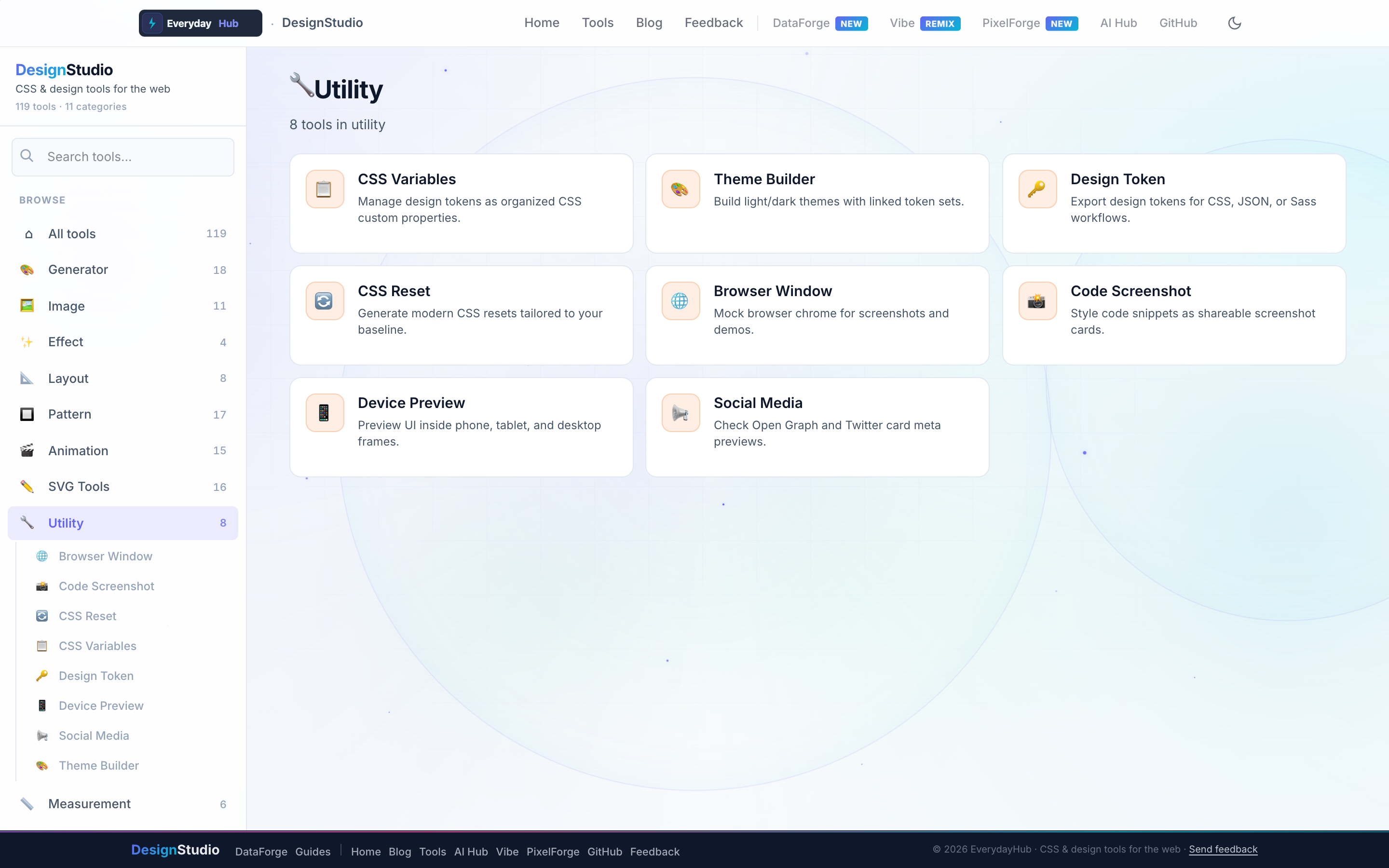 DesignStudio Utility — live dashboard with category tools and sidebar navigation